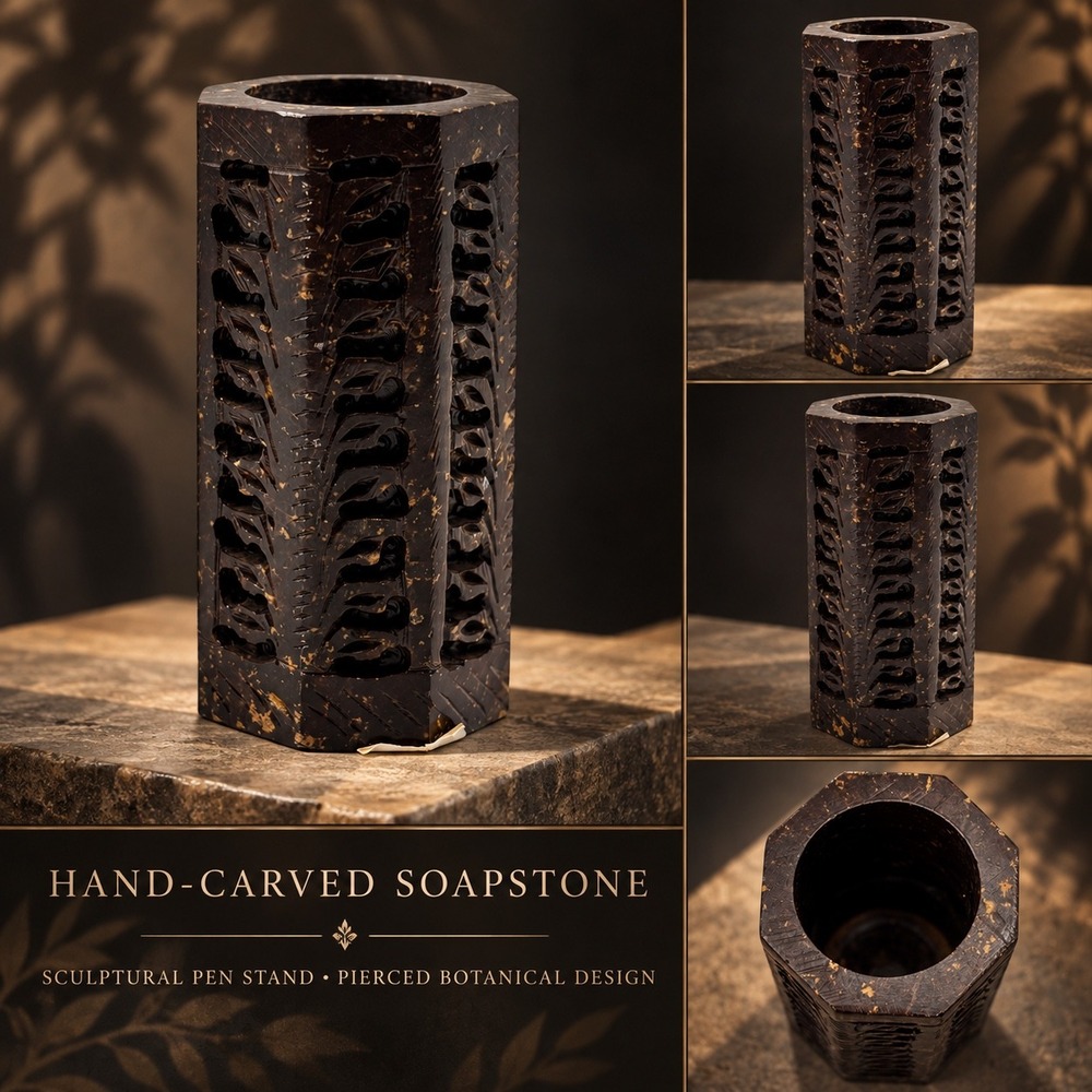 Hand Carved Soapstone Pen Stand Pierced Botanical Hexagon Dark Stone Vase 4in